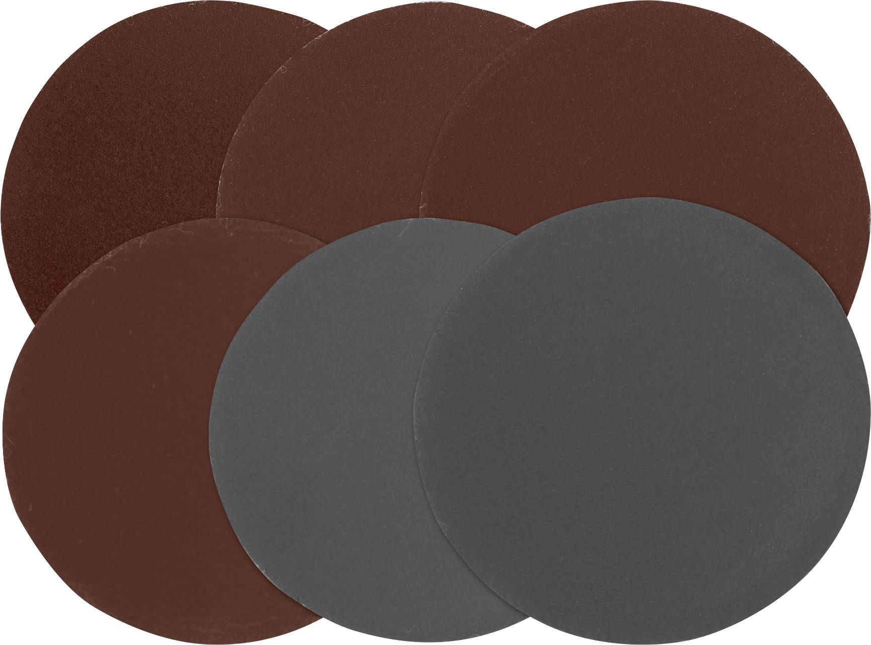 Pile de six disques abrasifs circulaires qui se chevauchent en rouge foncé et gris, présentés sur un fond blanc.