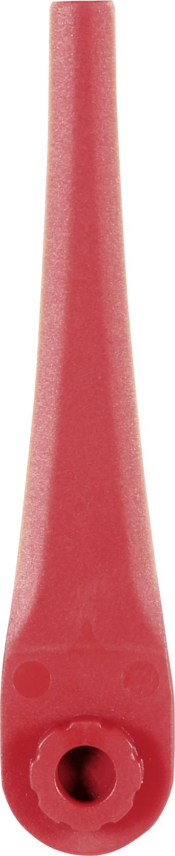 Outil en forme de corne en plastique rouge avec un corps étroit évasé et un trou circulaire à la base.