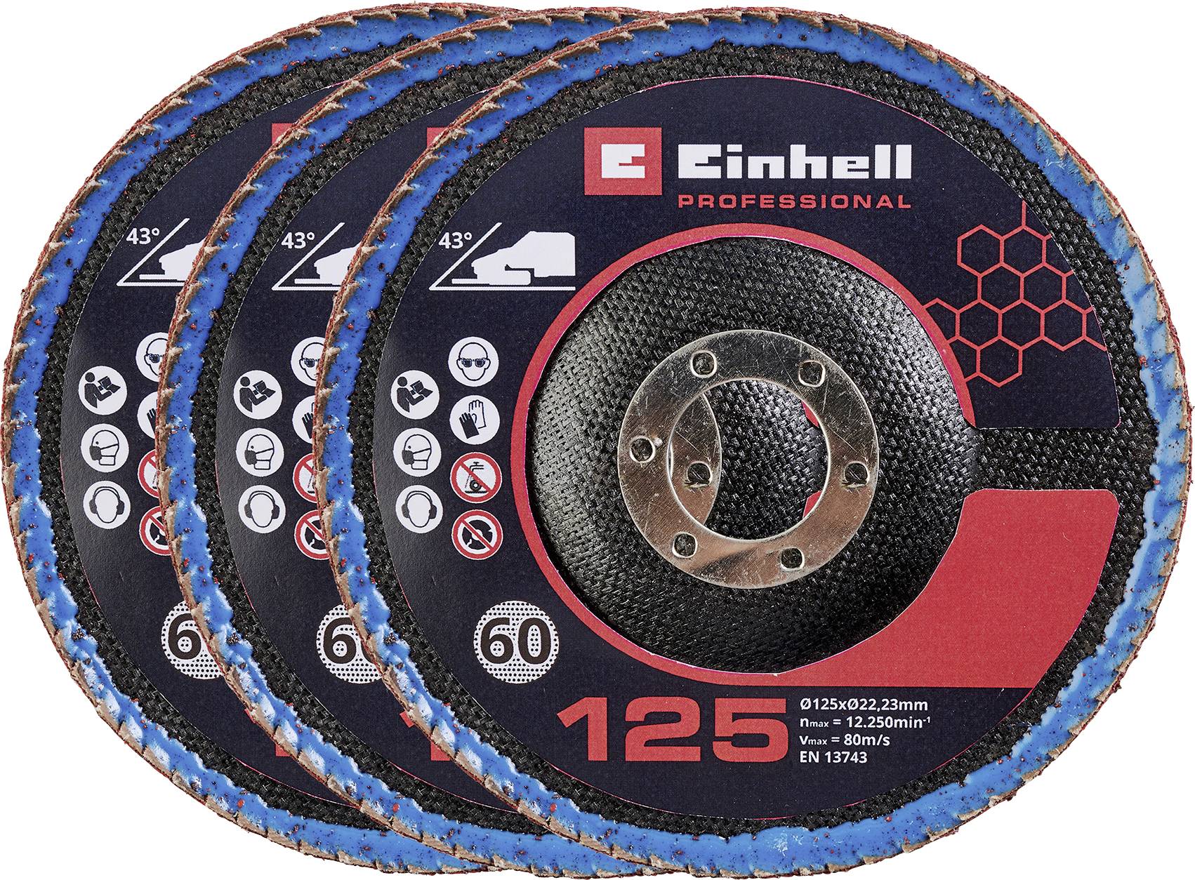 Trois disques abrasifs de coupe Einhell Professional de 125 mm empilés ensemble, étiquetés pour la coupe des métaux avec un angle de 43° et des icônes de sécurité.