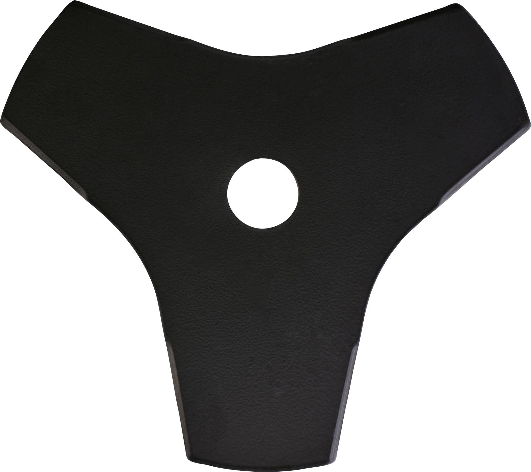 Support métallique noir à trois branches ou plaque de montage avec un trou circulaire au centre, isolé sur fond blanc.