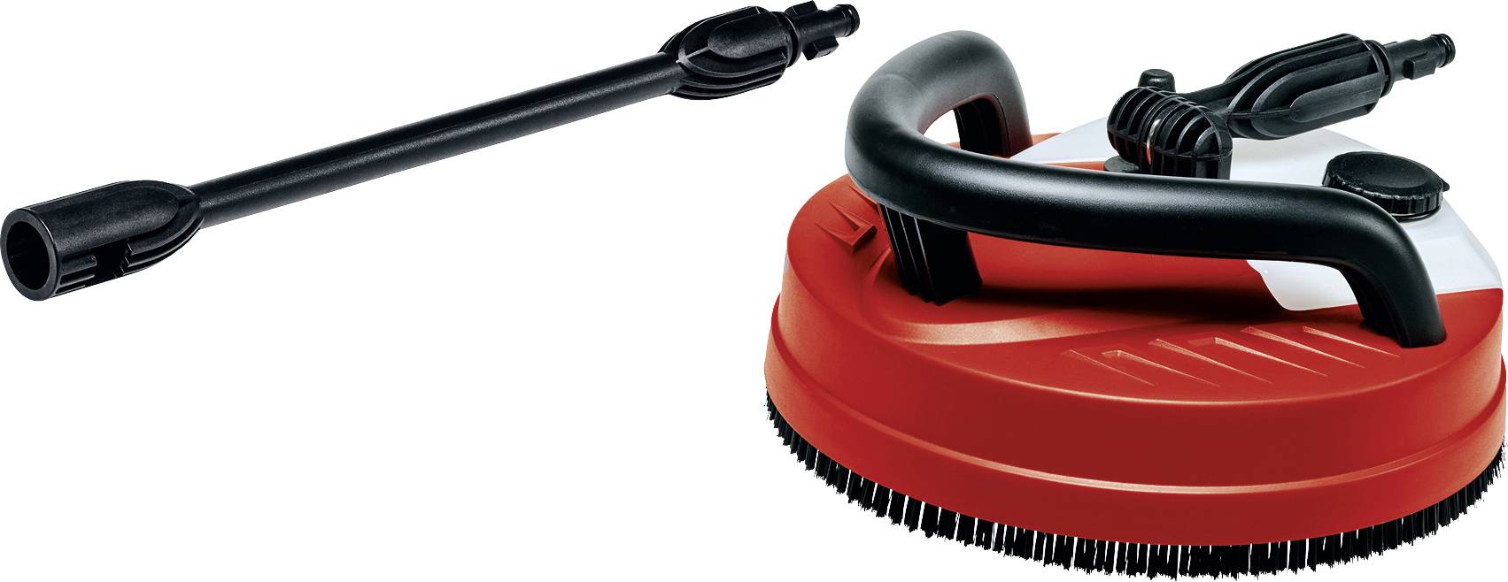 Accessoire de nettoyeur haute pression avec balai de surface et lance allongée, présenté sur un fond blanc.