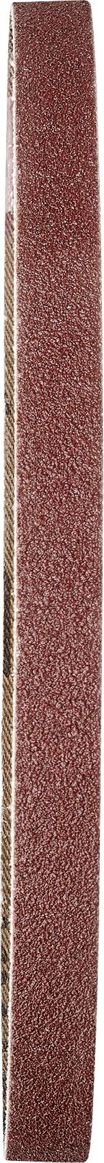 Une bande étroite verticale de couleur rouge-brun abrasive pour ponceuse à bande, présentée sur un fond blanc uni.