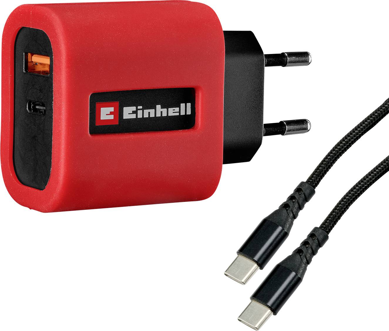 Roter Einhell-Wandladegerät mit USB-C-Kabel und europäischen Steckerkontakten auf weißem Hintergrund.