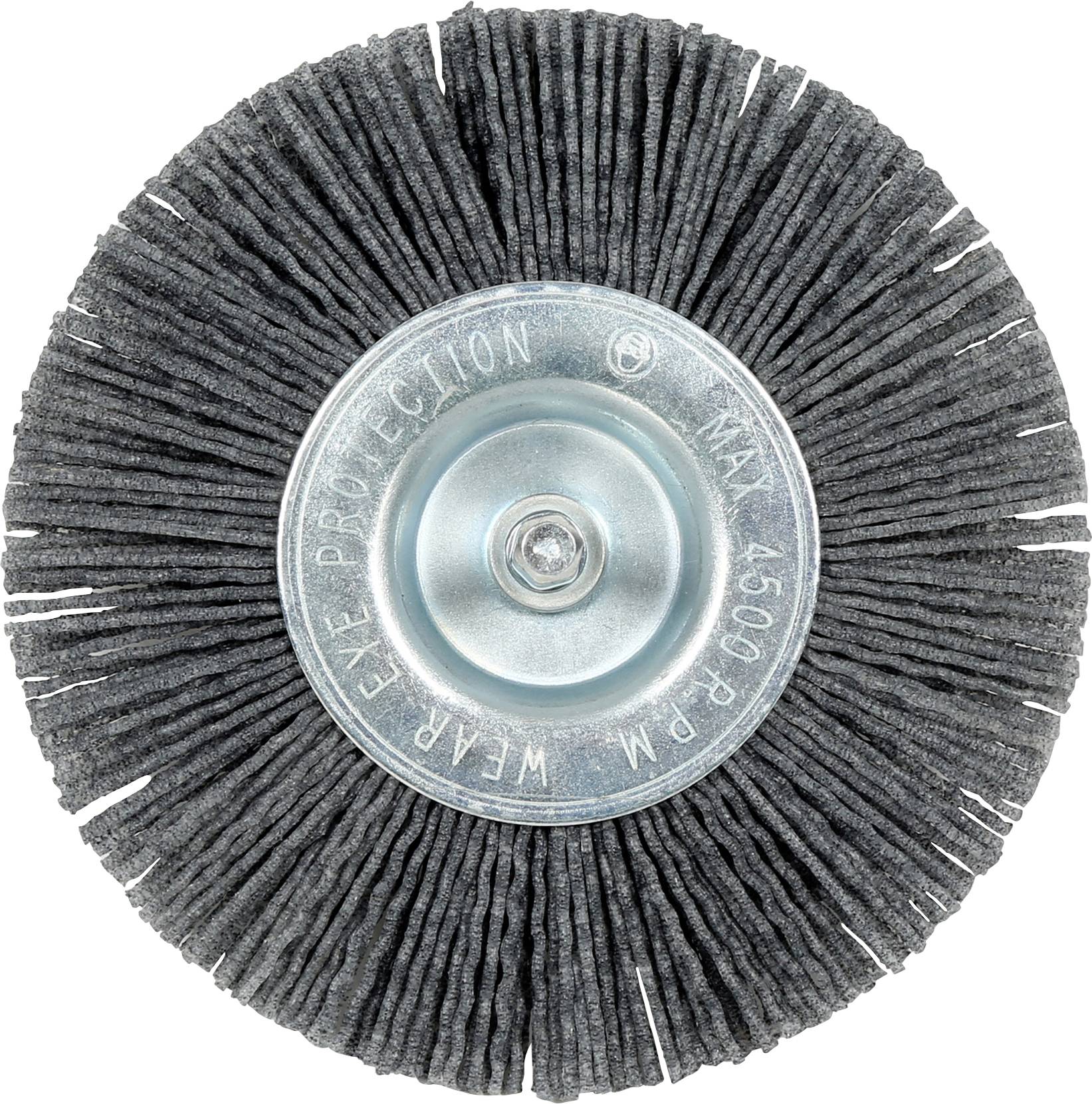 Gros plan d'une brosse à lamelles abrasives circulaire avec des lamelles gris foncé et un centre métallique étiqueté « MAX 4500 RPM » et « PORTER UNE PROTECTION OCULAIRE ».
