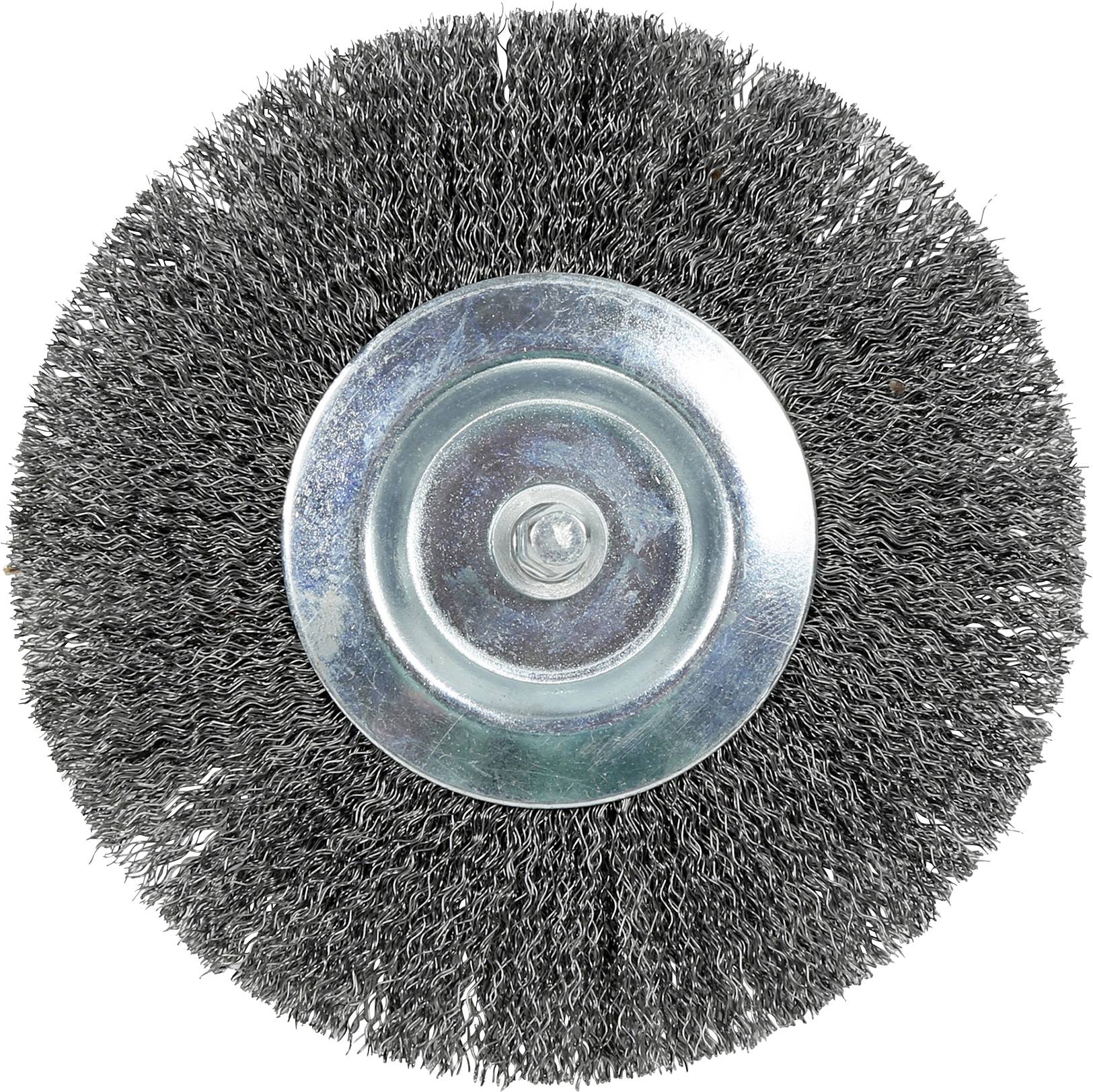 Brosse circulaire en fil métallique avec un moyeu en métal, présentée de face sur un fond blanc.
