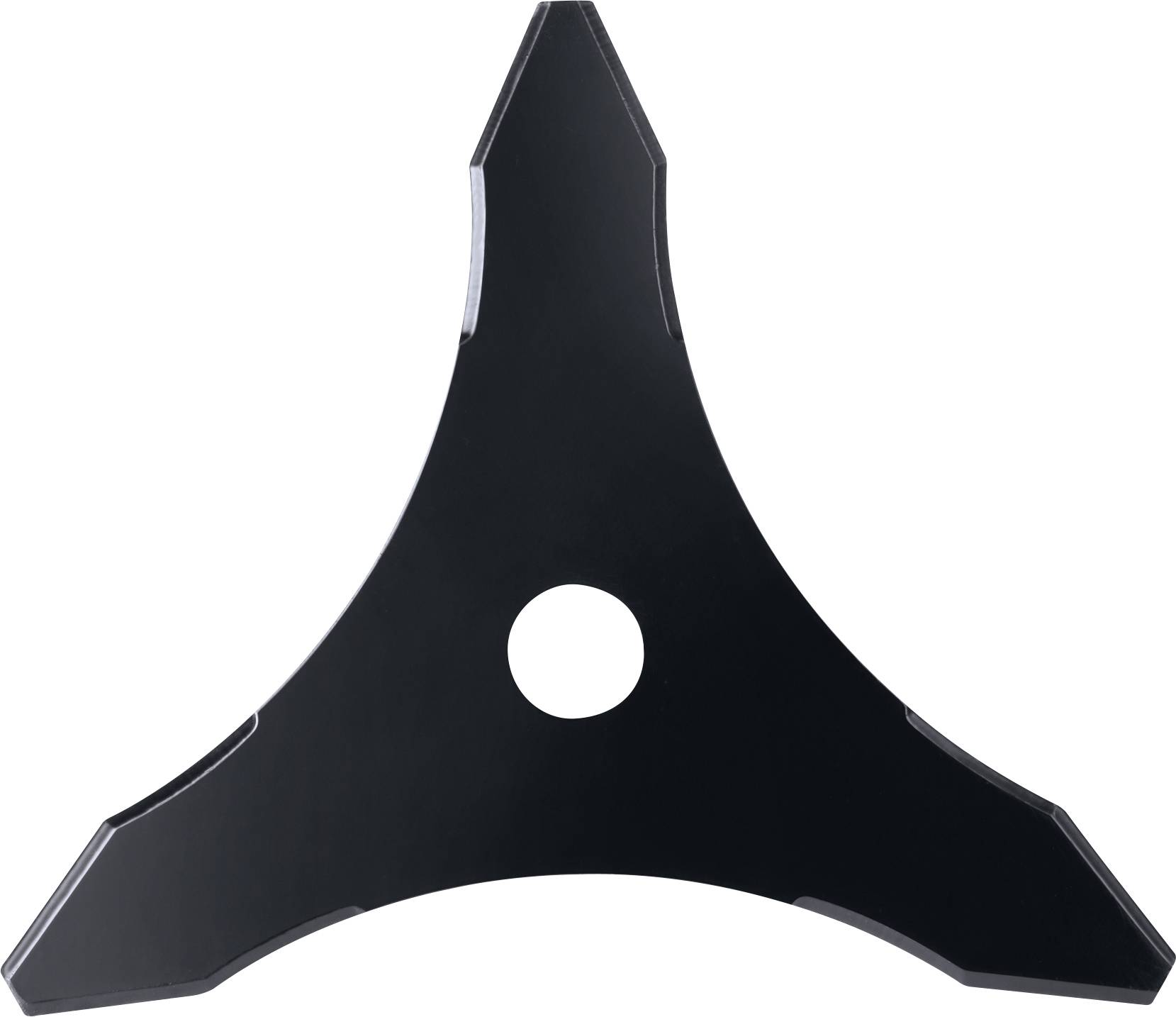 Étoile de lancer à trois points noire avec un trou au centre, isolée sur un fond blanc.