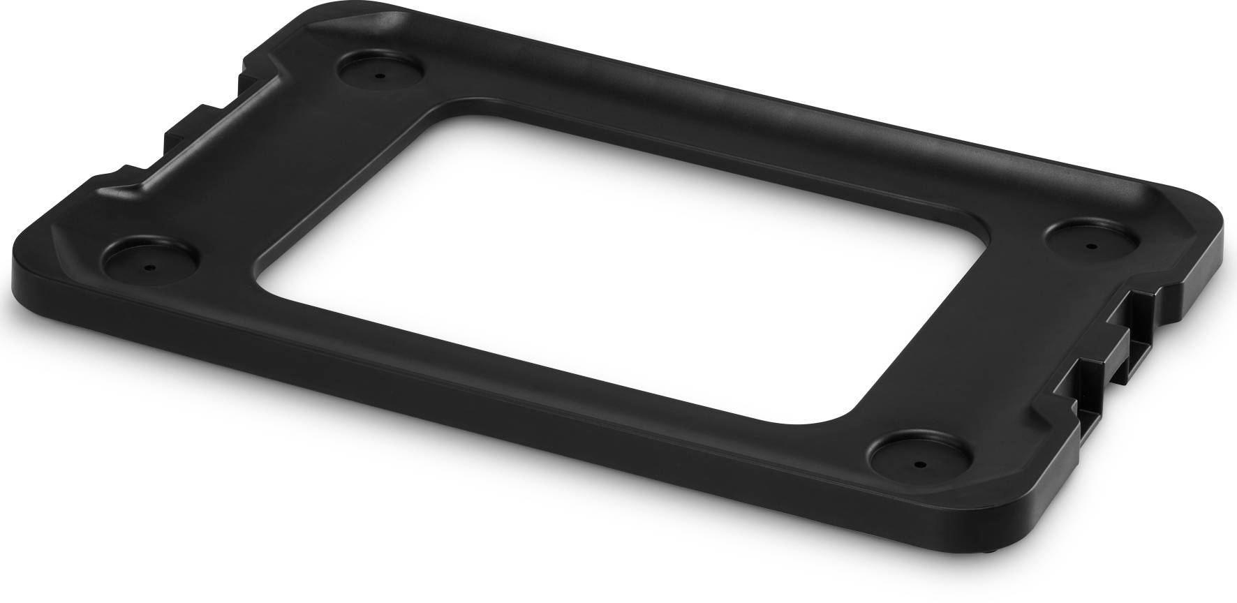 Black rectangular mounting frame with a large central opening and four corner screw holes, shown on a white background.