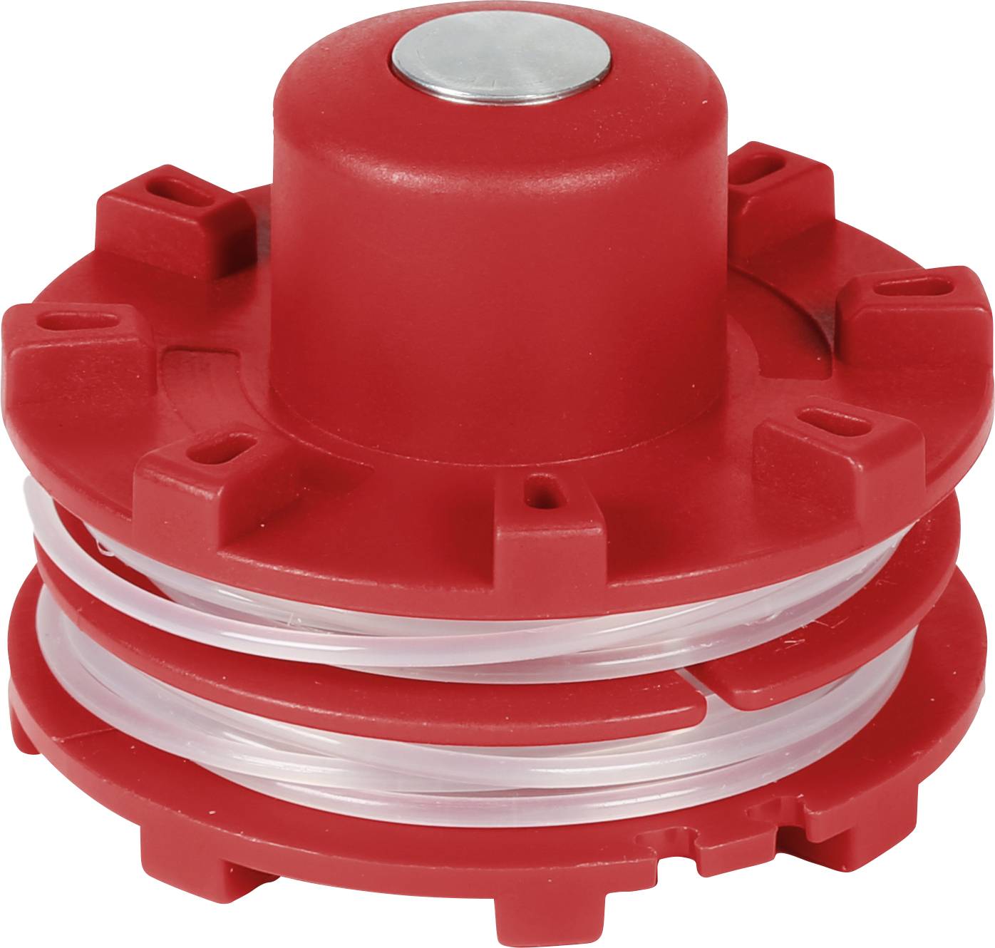 Bobine de fil de coupe-bordures en plastique rouge avec du fil transparent enroulé et un bouchon central argenté sur un fond blanc.