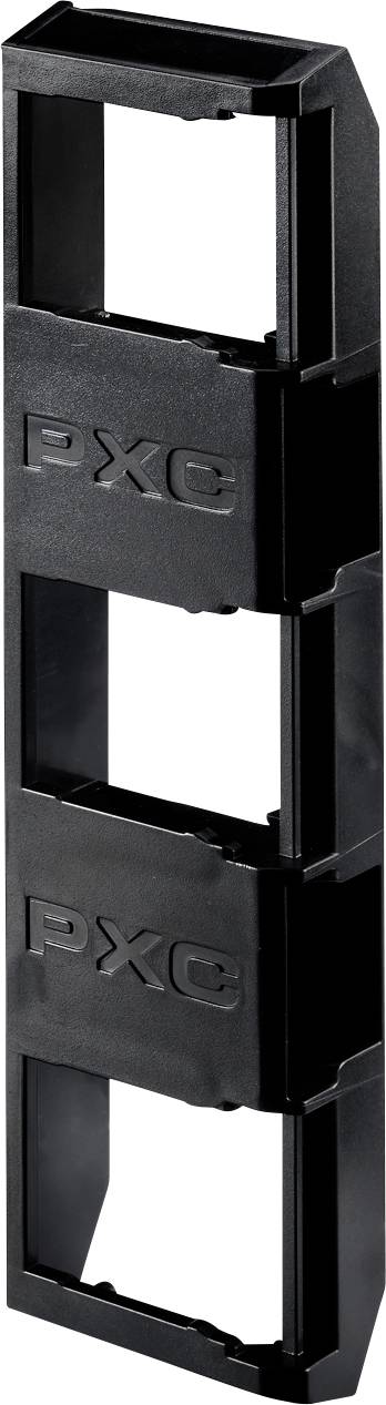 Cadre de montage rectangulaire en plastique noir avec trois fentes ouvertes et logos PXC en relief, présenté sur un fond blanc.