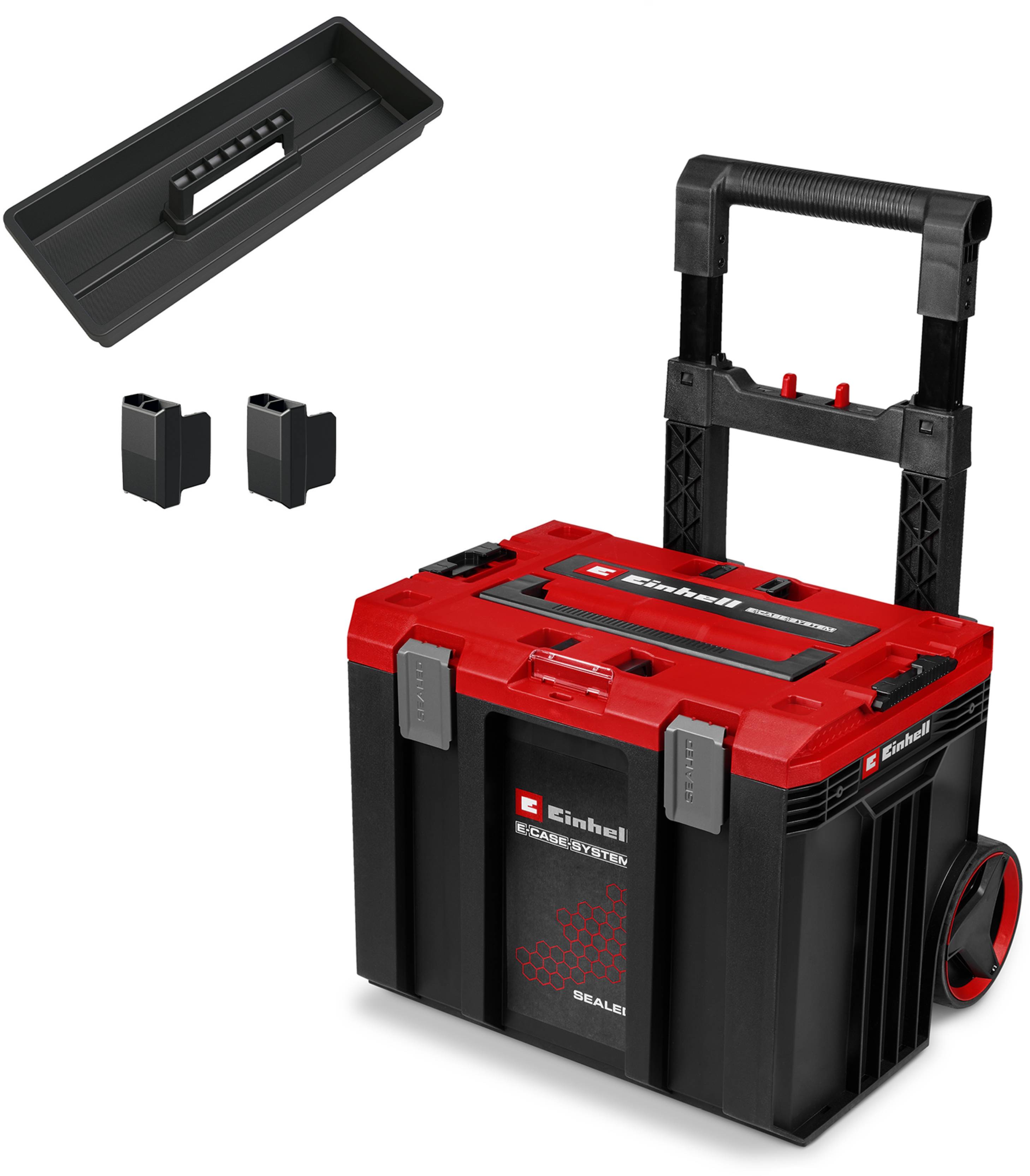 Black and red Einhell toolbox with telescoping handle and wheel, plus removable tray and two accessory holders shown separately on white background.
