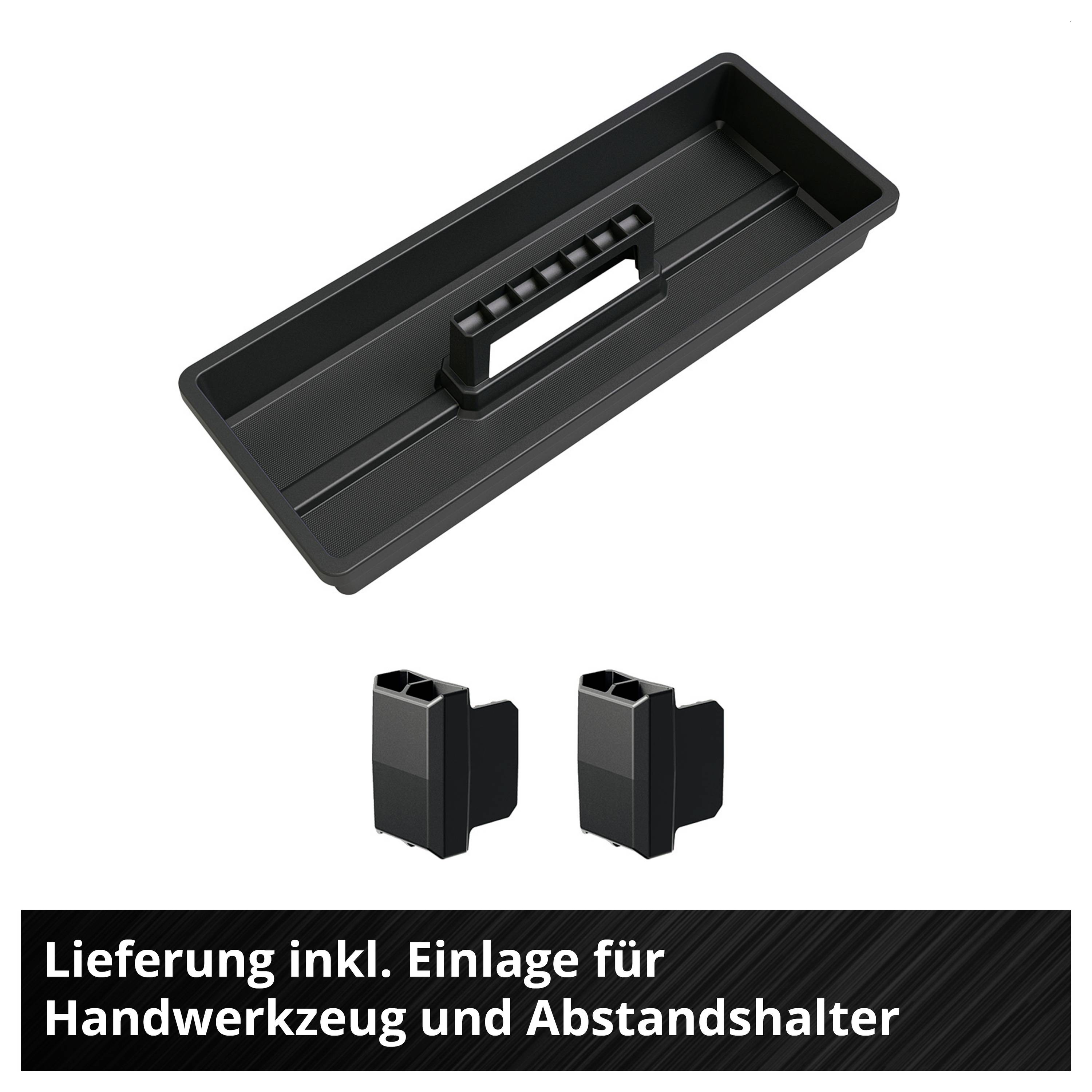 Ensemble noir avec étagère longue, deux entretoises et insert pour outils à main ; Texte : « Livraison incl. insert pour outils à main et entretoises ».