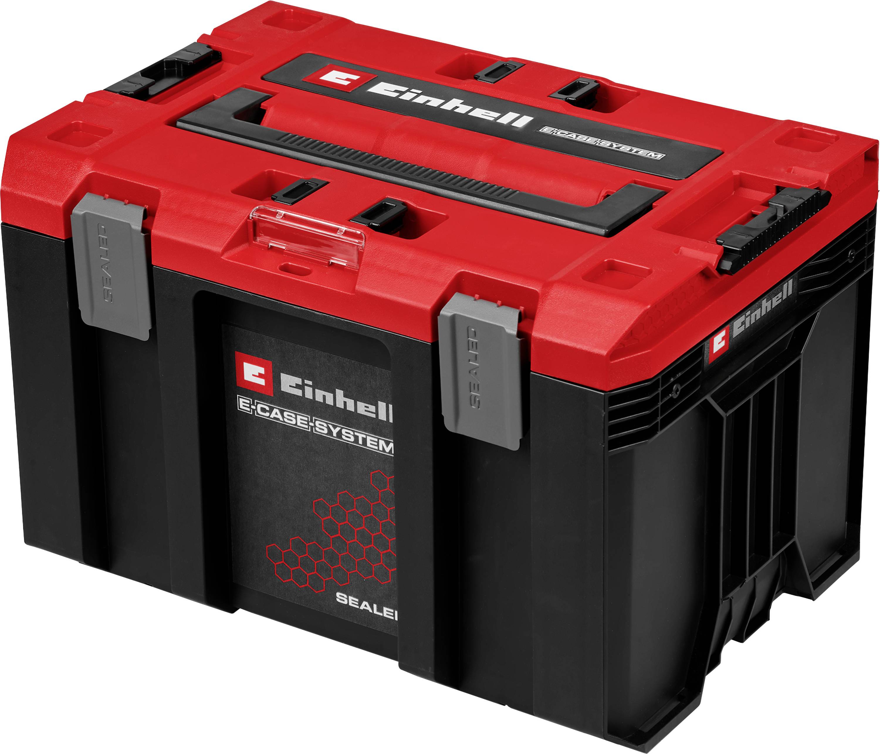 Boîtier de rangement du système Einhell E-Case rouge et noir avec loquets et poignée, montré fermé sur fond blanc.
