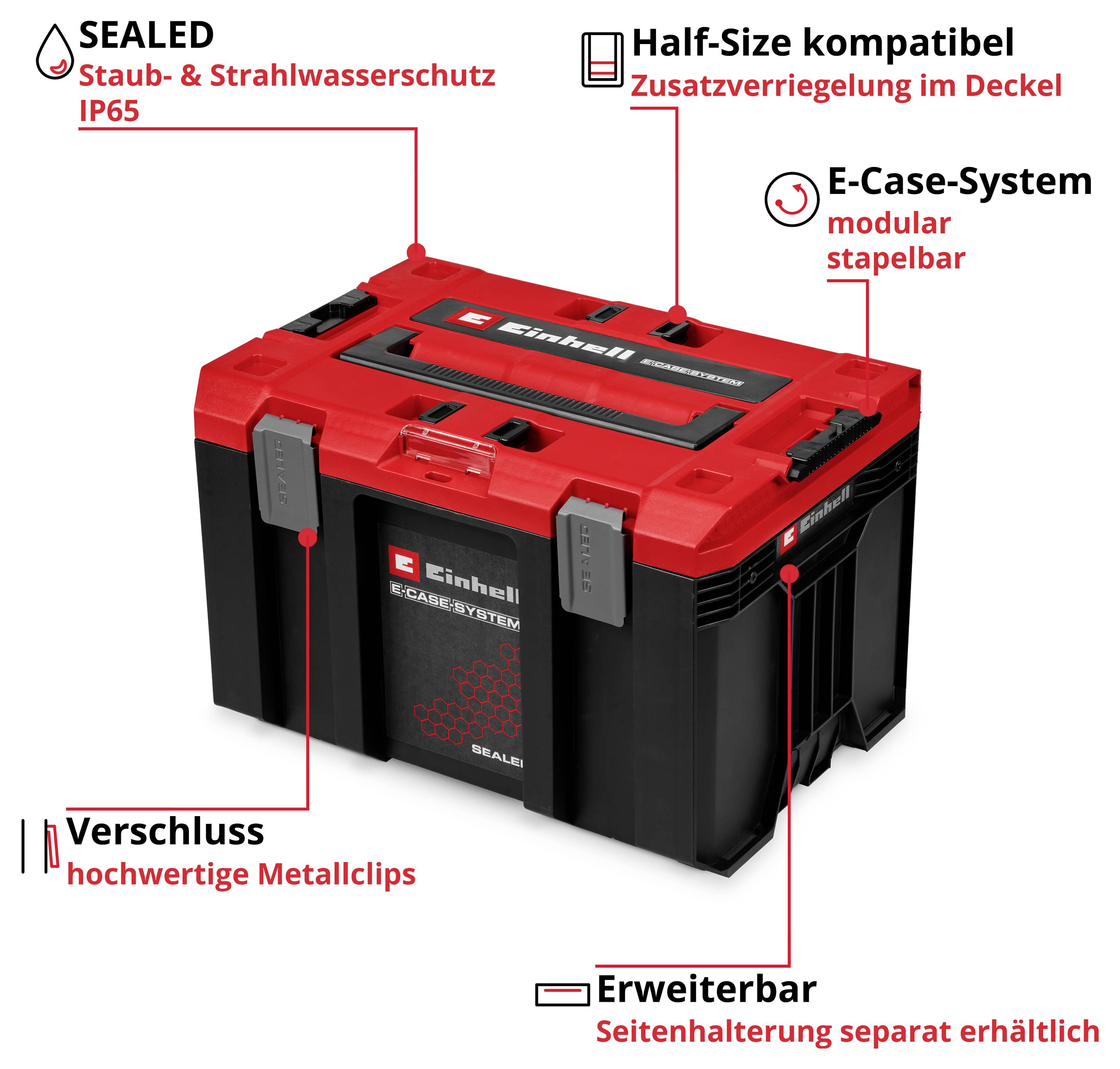 Illustrée est une boîte de système E-Case rouge et noire d'Einhell avec des indications concernant la protection IP65, la compatibilité demi-taille, le système modulaire empilable, les clips en métal et le support latéral extensible.