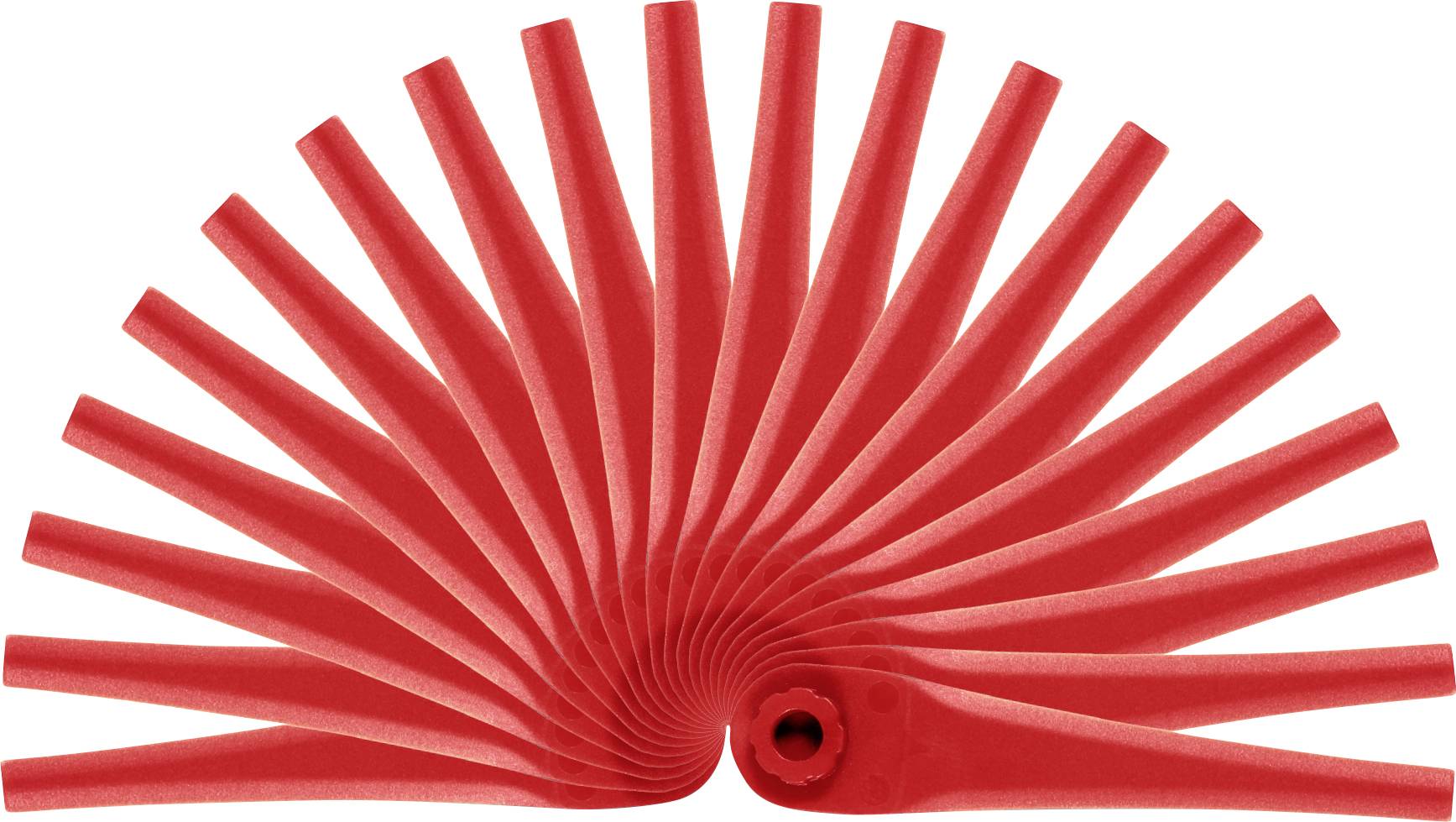 Lame d'outil en plastique rouge fendu en accordéon ou bande flexible ressemblant à un peigne étalée en demi-cercle sur un fond blanc.