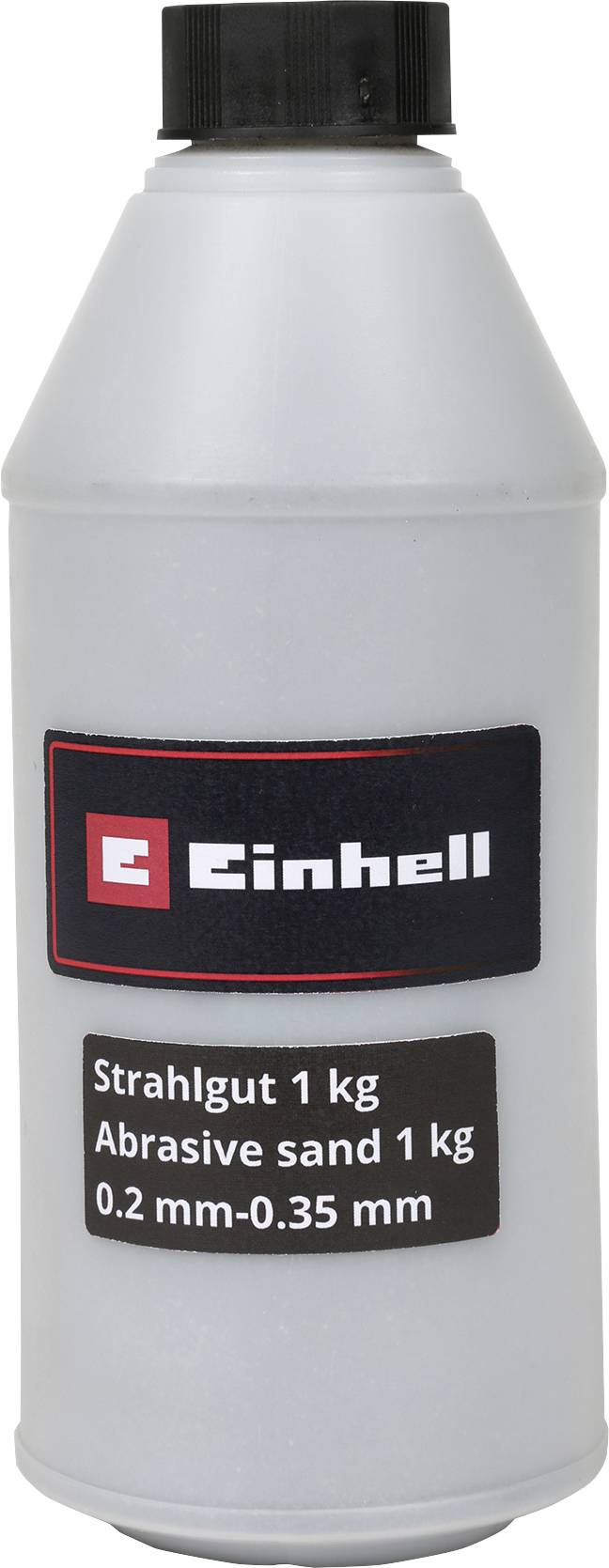 Une bouteille en plastique blanc de sable de sablage Einhell étiquetée « Strahlgut 1 kg », « Sable abrasif 1 kg », « 0,2 mm-0,35 mm ».