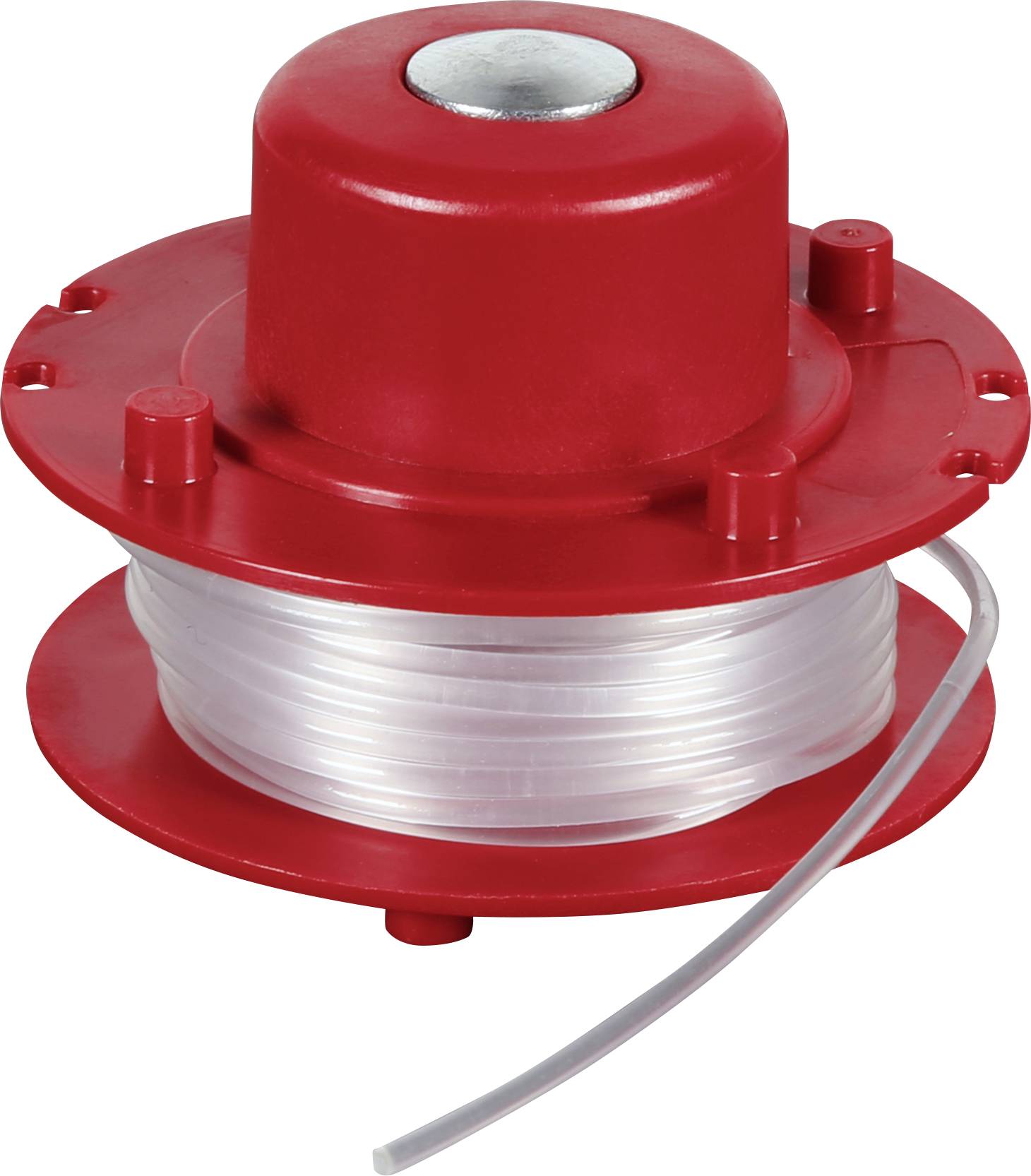 Bobine de plastique rouge avec du fil translucide enroulé et une corde grise, probablement une bobine de débroussailleuse ou de ligne de pêche sur fond blanc.