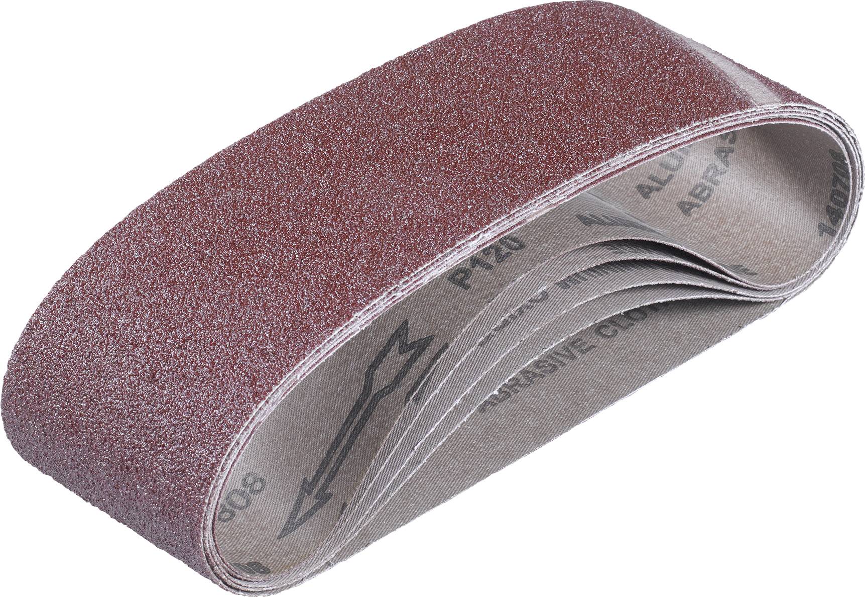 Une bande abrasive de ponçage rouge enroulée en boucle, présentée sur un fond blanc.