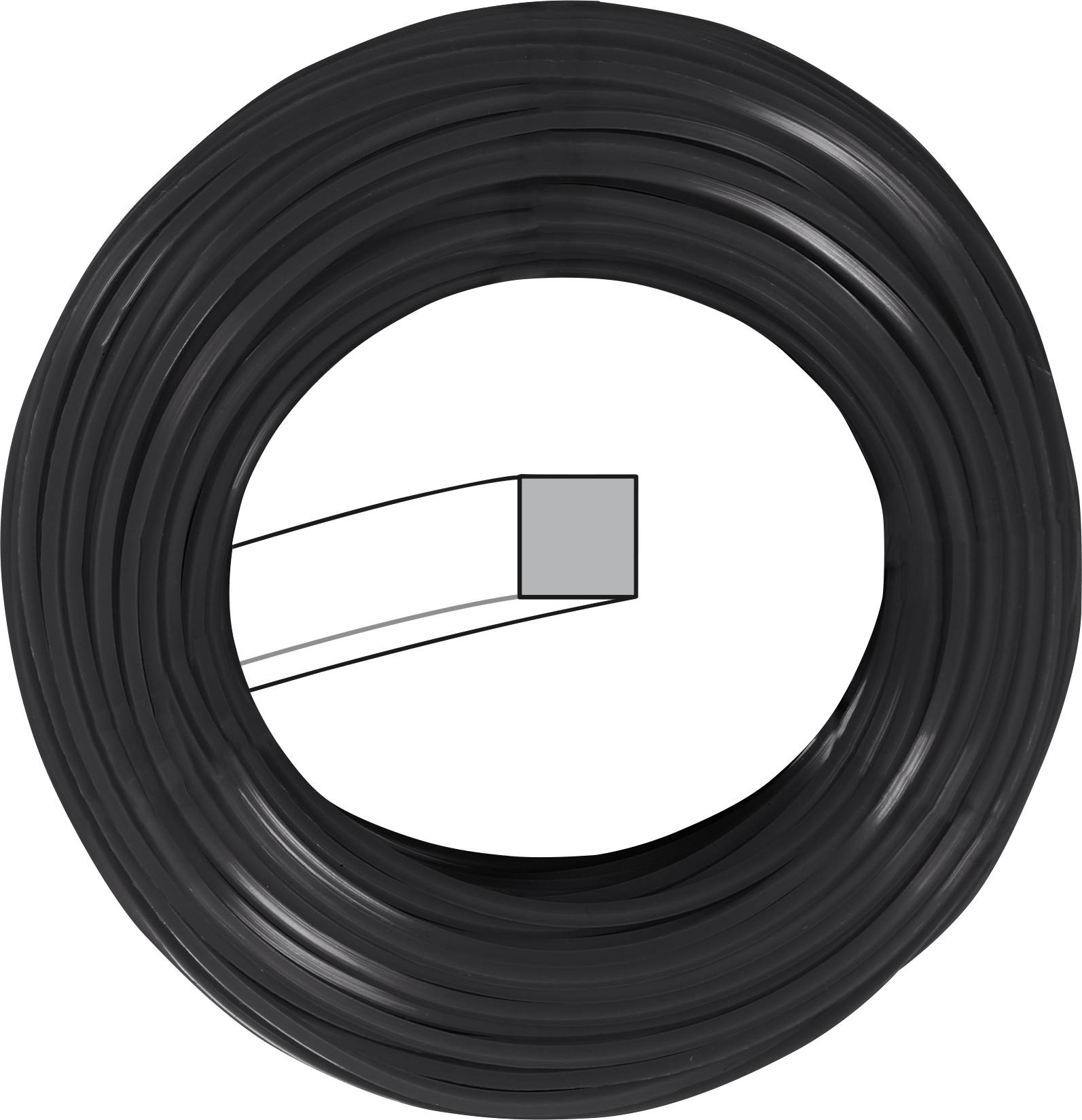 Câble noir enroulé ou tuyau dans une boucle circulaire, montré avec une extrémité coupée révélant le noyau intérieur.