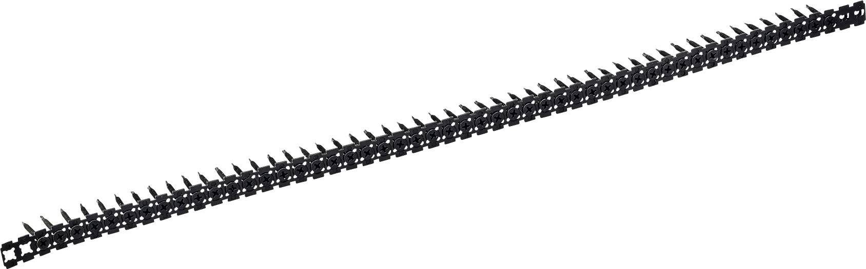 Longue bande de plastique noir dentelée ou bande en forme de peigne inclinée en diagonale sur un fond blanc.