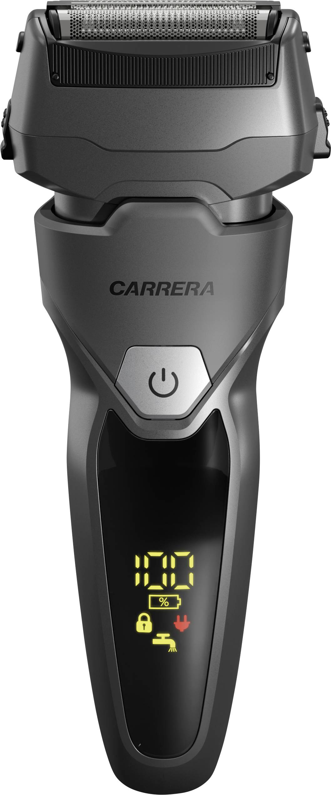 Rasoir électrique noir avec marque « CARRERA », bouton d'alimentation et écran numérique affichant les indicateurs de batterie et de verrouillage.
