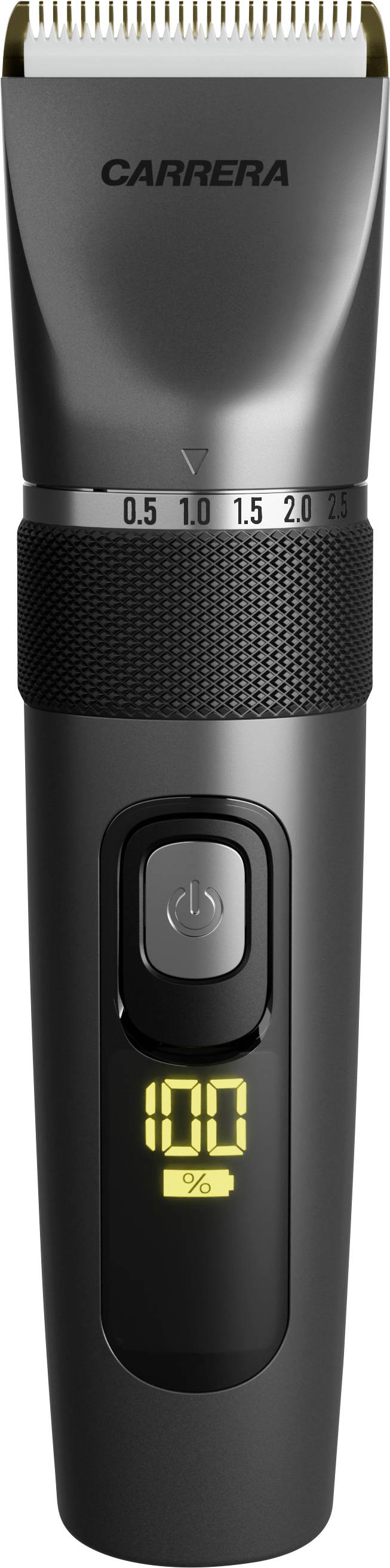Tondeuse électrique Black Carrera avec peigne protecteur doré, molette de réglage de longueur ajustable, bouton d'alimentation et indicateur de batterie 100% illuminé sur la poignée.