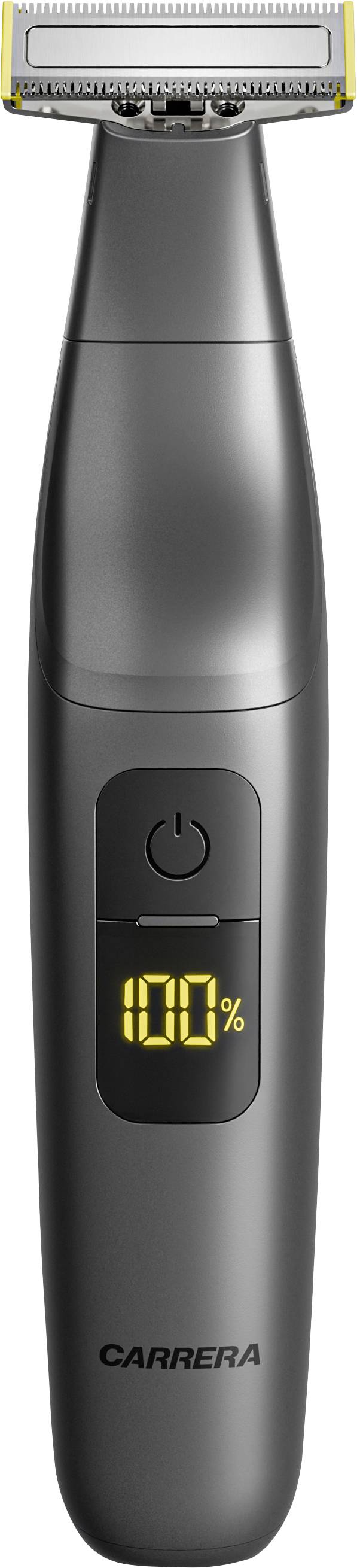 Tondeuse électrique Black Carrera avec affichage numérique de la batterie indiquant 100% et bouton d'alimentation en façade.