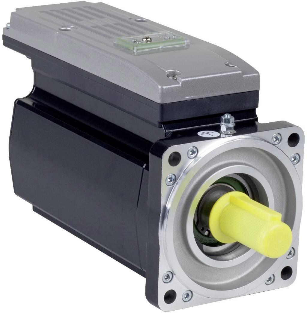 Industrieller elektrischer Servomotor mit gelbem Wellenmuffe und quadratischem Metall-Montageflansch auf weißem Hintergrund.