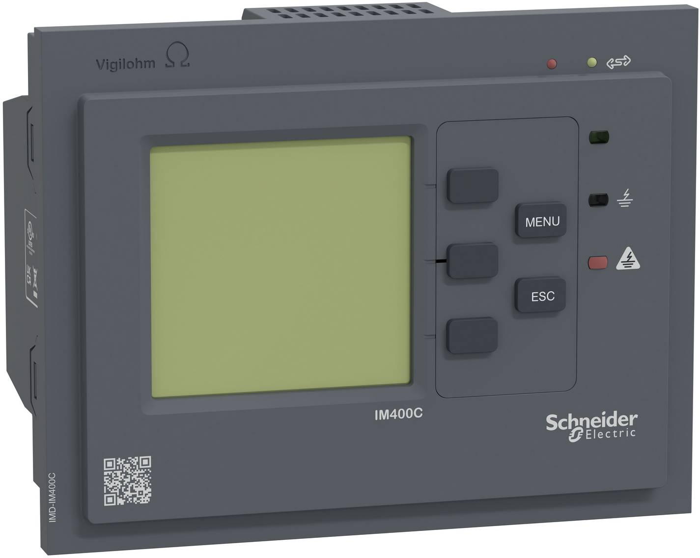 Schneider Electric Vigilhm IM400C Industrie-Steuerfeld-Display mit leerem Bildschirm, drei Seitentasten und MENÜ/ESC-Tasten.