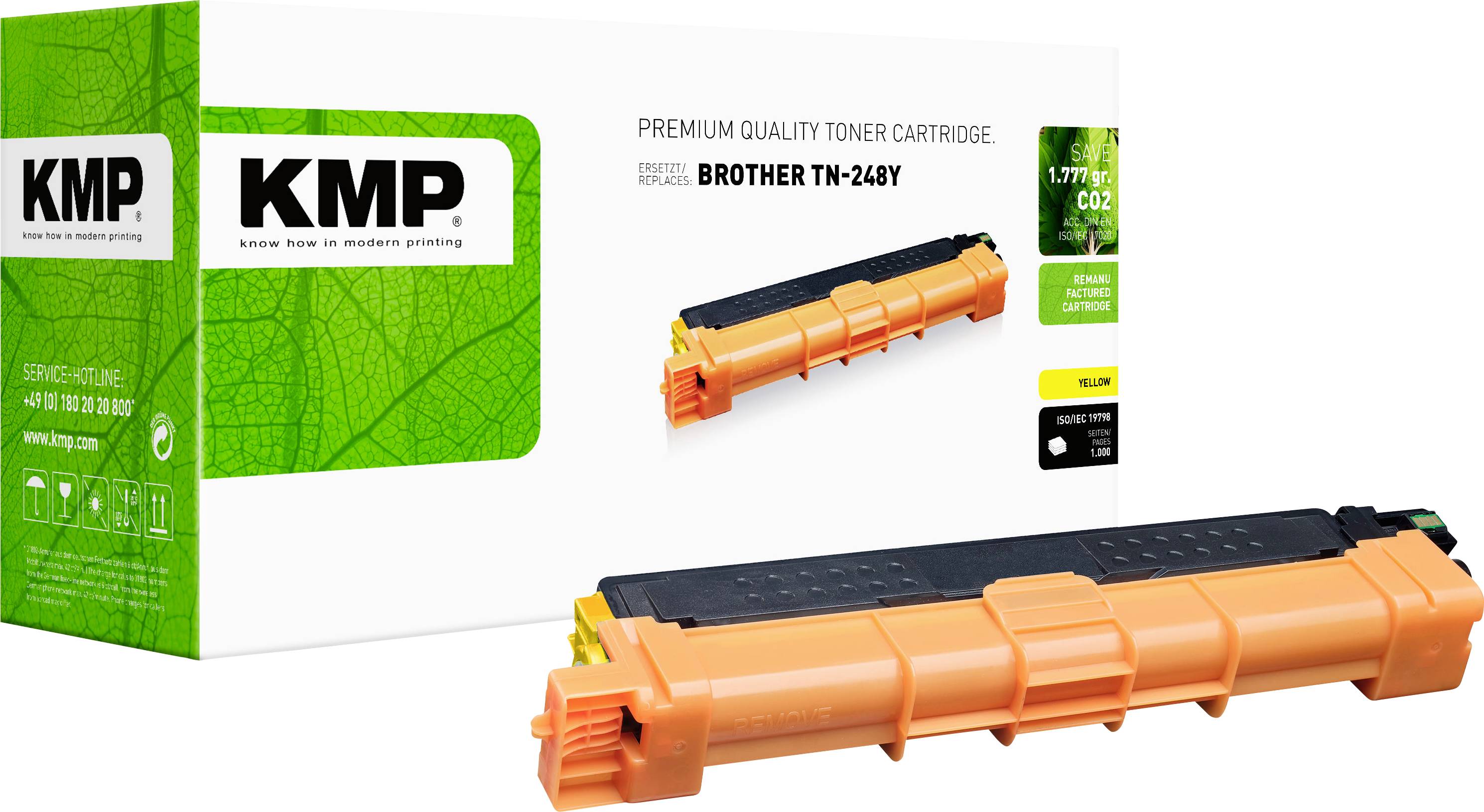 Cartouche de toner de qualité premium KMP pour Brother TN-248Y, présentée en orange avec l'emballage du produit et une vue agrandie de la cartouche.