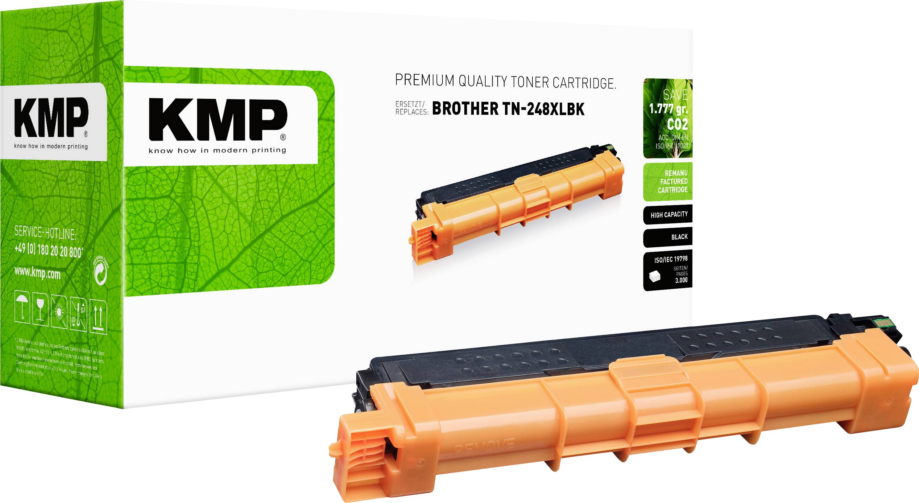 Image de produit d'une cartouche de toner de qualité premium KMP pour Brother TN-248XLBK, présentée en orange avec l'emballage et un gros plan de la cartouche.