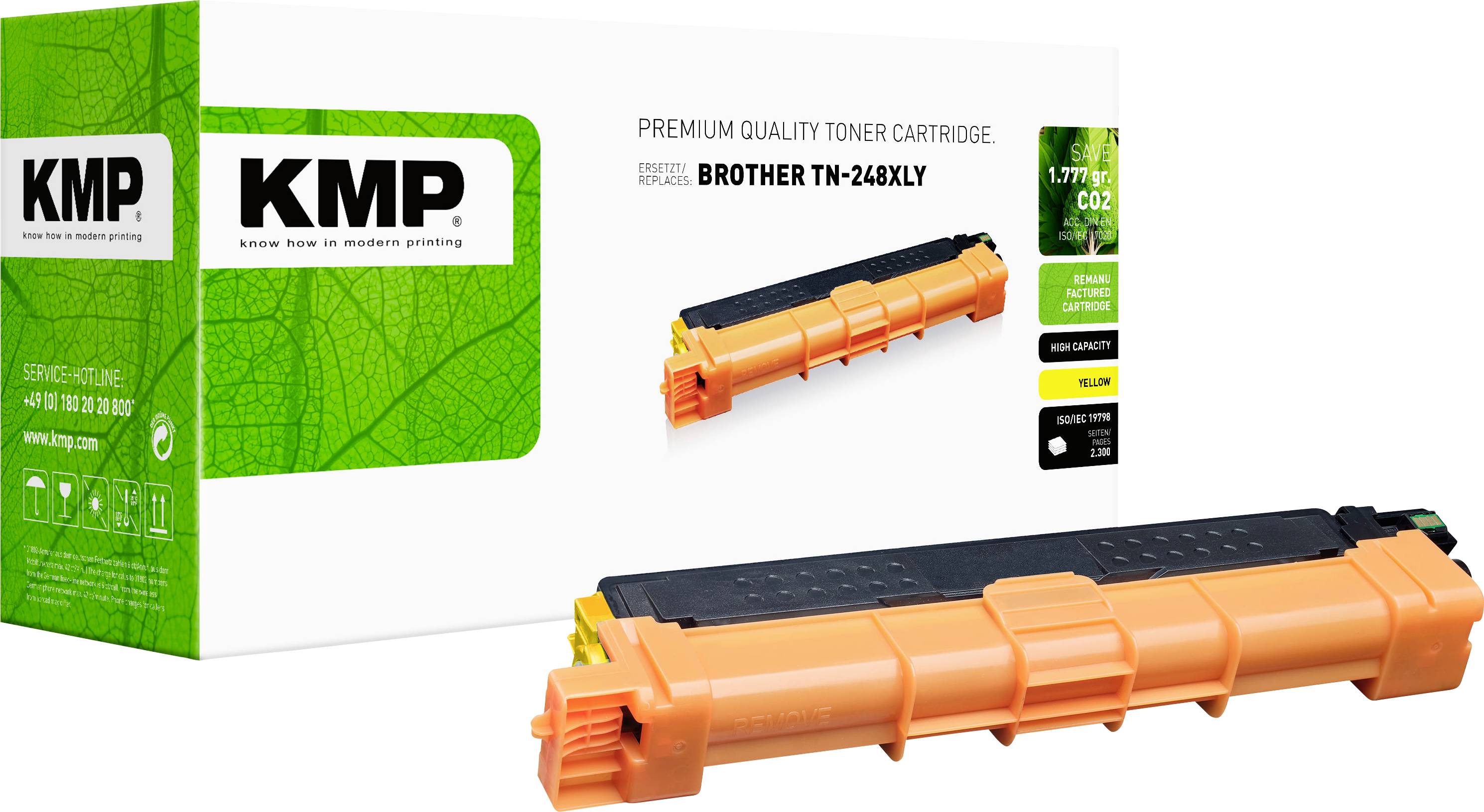 Cartouche de toner KMP de qualité premium pour Brother TN-248XL, présentée sur l'emballage avec un gros plan de la cartouche orange et noire.
