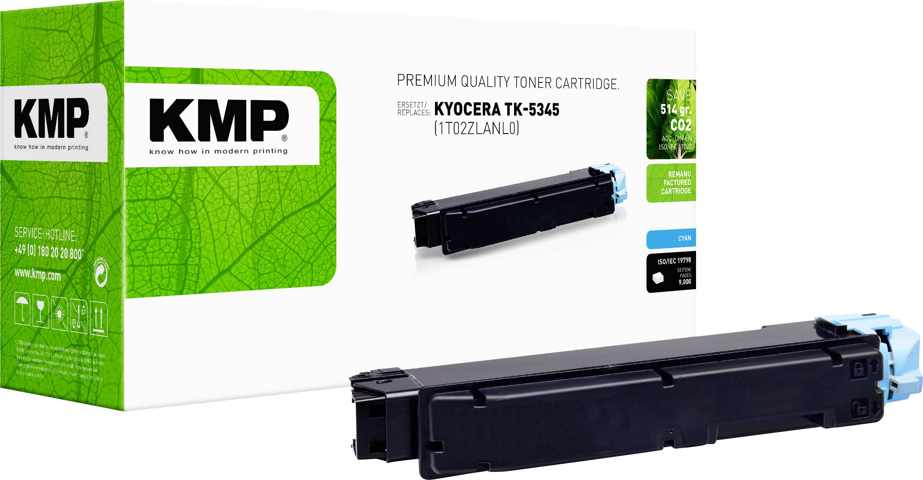Cartouche de toner KMP de qualité premium pour Kyocera TK-5345, présentée dans son emballage et en tant que cartouche d'imprimante noire.