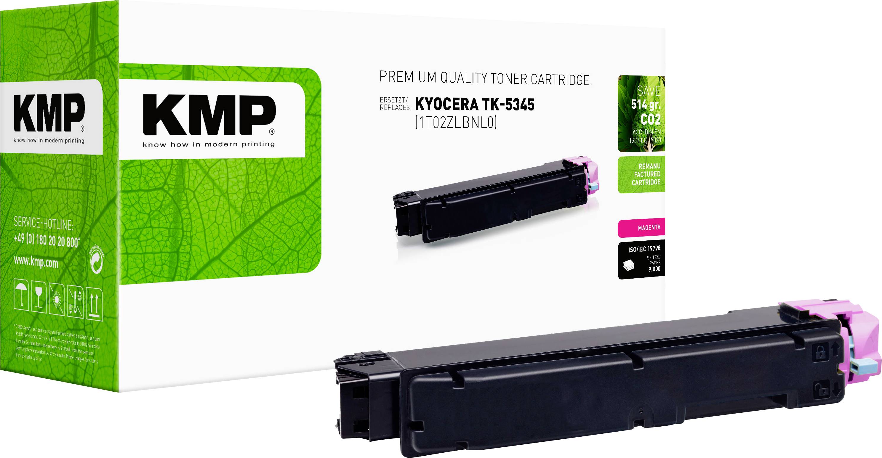 Cartouche de toner KMP de qualité premium pour Kyocera TK-5345, présentée avec l'emballage et la cartouche de toner noire.