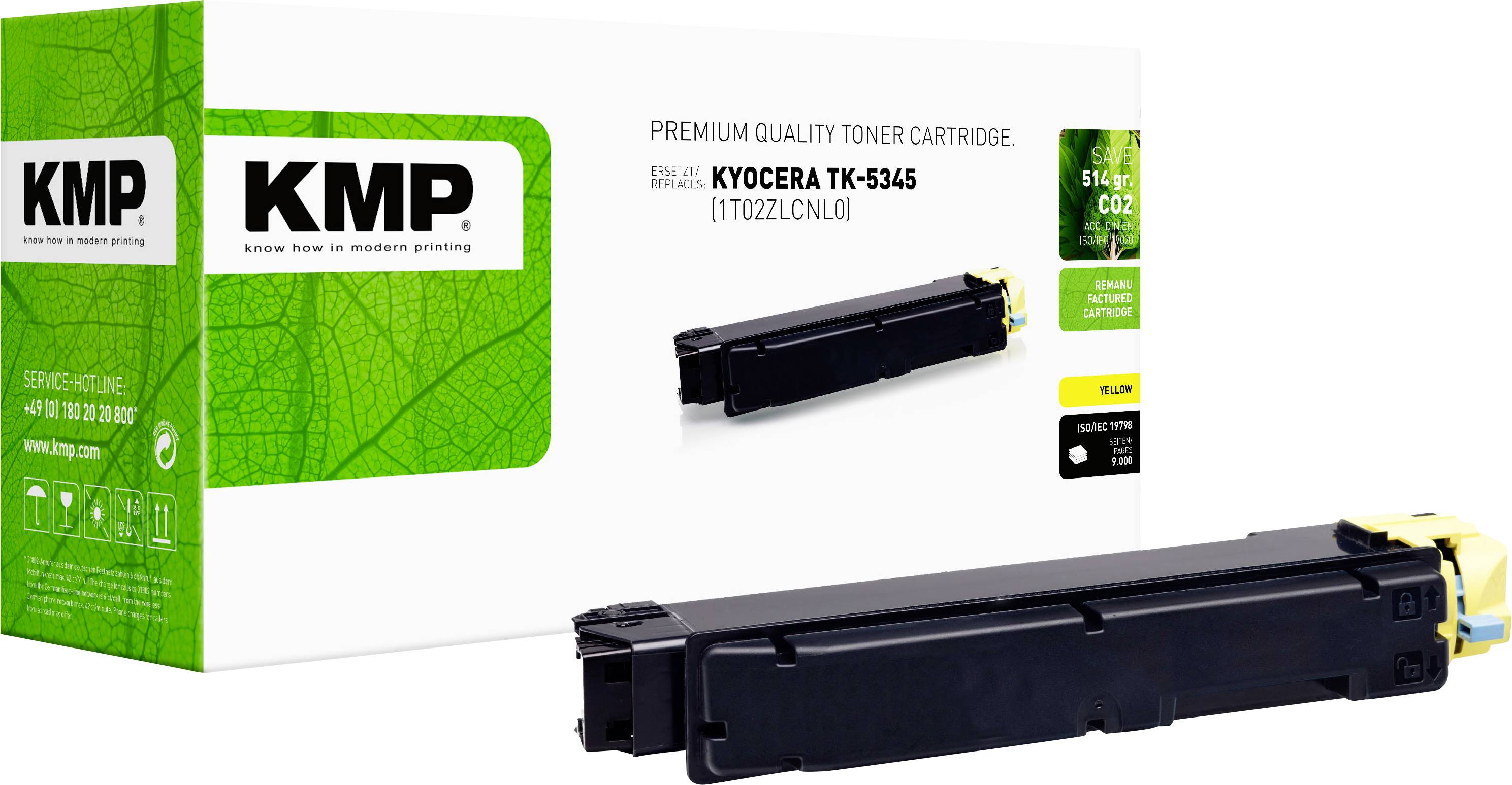 Cartouche de toner de qualité premium KMP pour imprimante Kyocera TK-5345 noire, présentée avec emballage produit vert et images de cartouche.