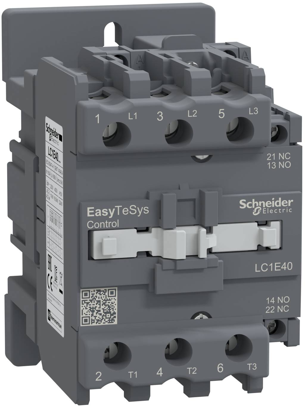 Schneider Electric EasyTeSys Control LC1E40 Schütz mit drei Phasenklemmen und Frontbeschriftung.