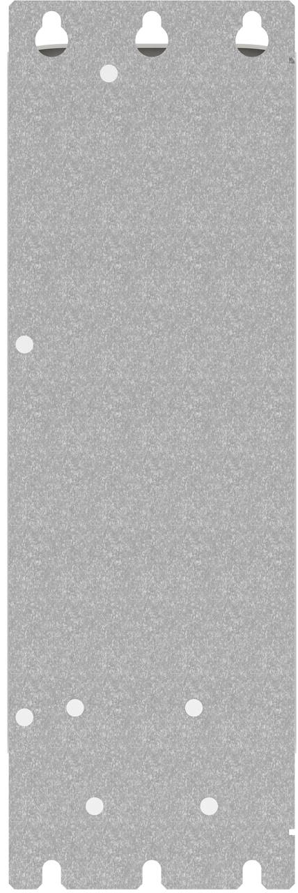 Hohe grau Metallplatte oder -panel mit drei weißen Laschen oben und unten sowie mehreren kleinen kreisförmigen Löchern oder Markierungen, die auf der linken Seite und in der Mitte angeordnet sind.