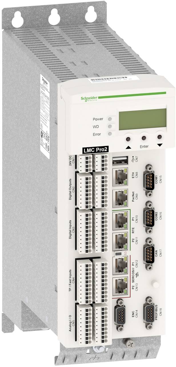 Schneider Electric LMC Pro2 Industrieregler-Modul mit Ethernet- und Seriellen Anschlüssen, montiert auf einem Metallrahmen.