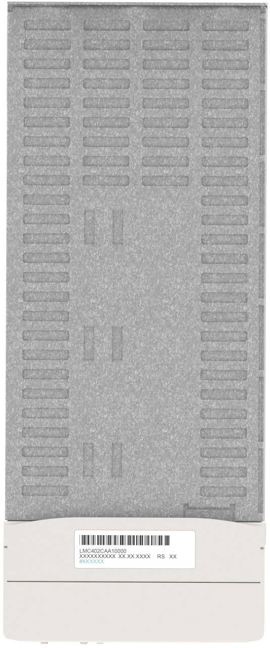Rückseite eines grauen elektronischen Geräts mit Lüftungsschlitzen und einem Barcode-Etikett unten.