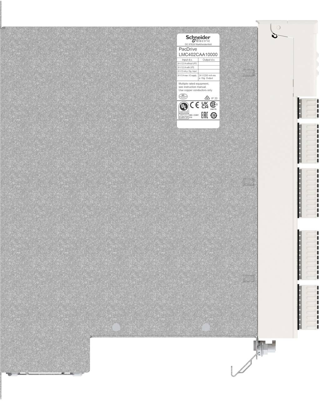 Rückansicht eines Schneider Electric Altivar-Frequenzumrichters in einem Metallgehäuse, mit Produktetikett und seitlichen Belüftungsschlitzen.