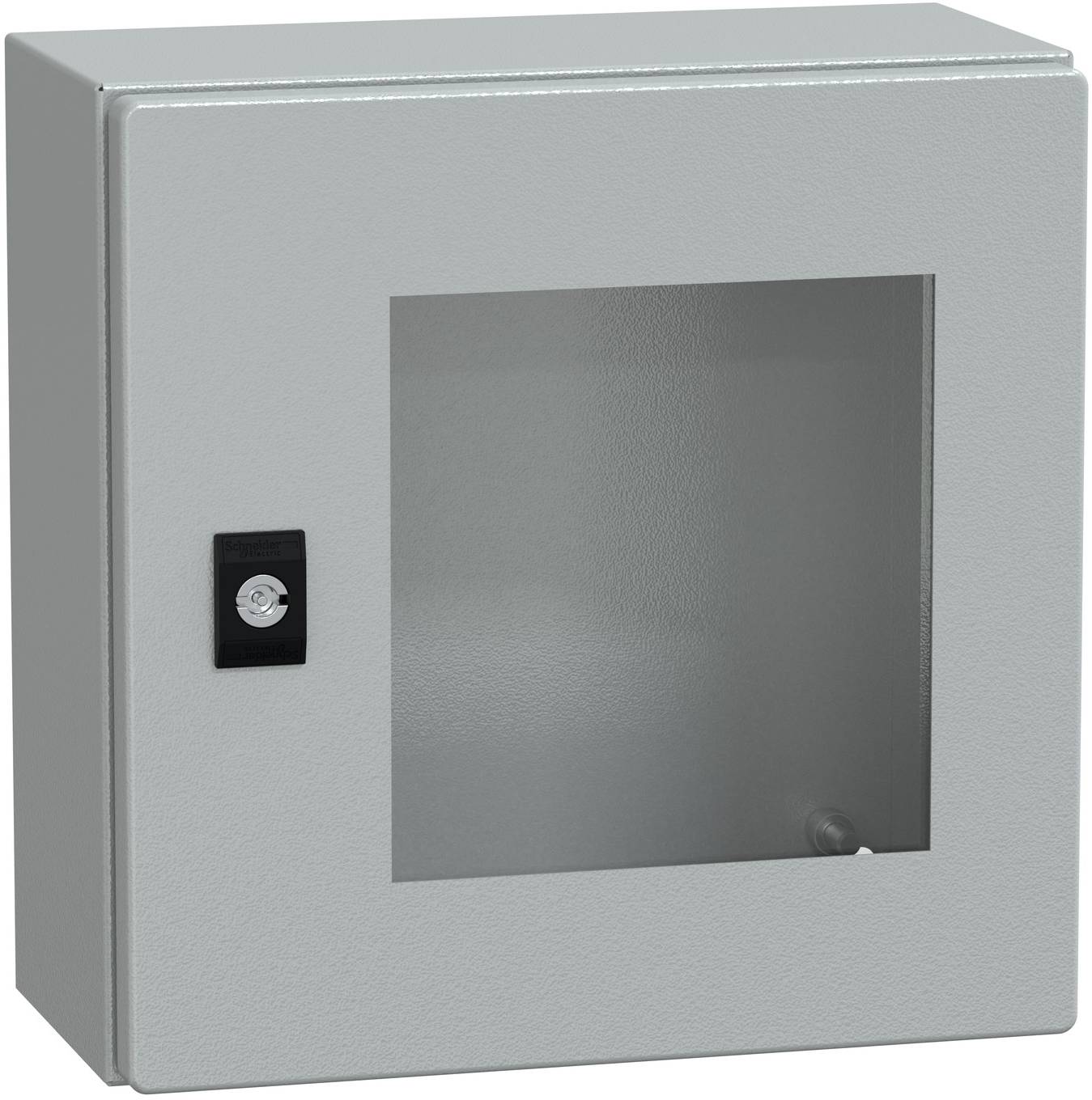 Grauer wandmontierter Metallschrank mit quadratischem Glasfenster und kleiner Verschlussfalle auf der linken Seite.