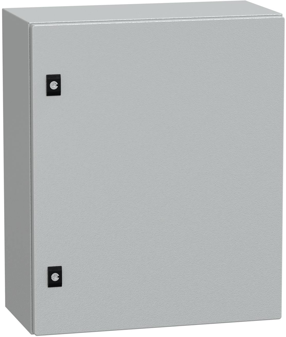Grauer Metallschrank für Elektrik mit einer schlichten Frontplatte und zwei schwarzen Scharnierhalterungen auf der linken Seite.