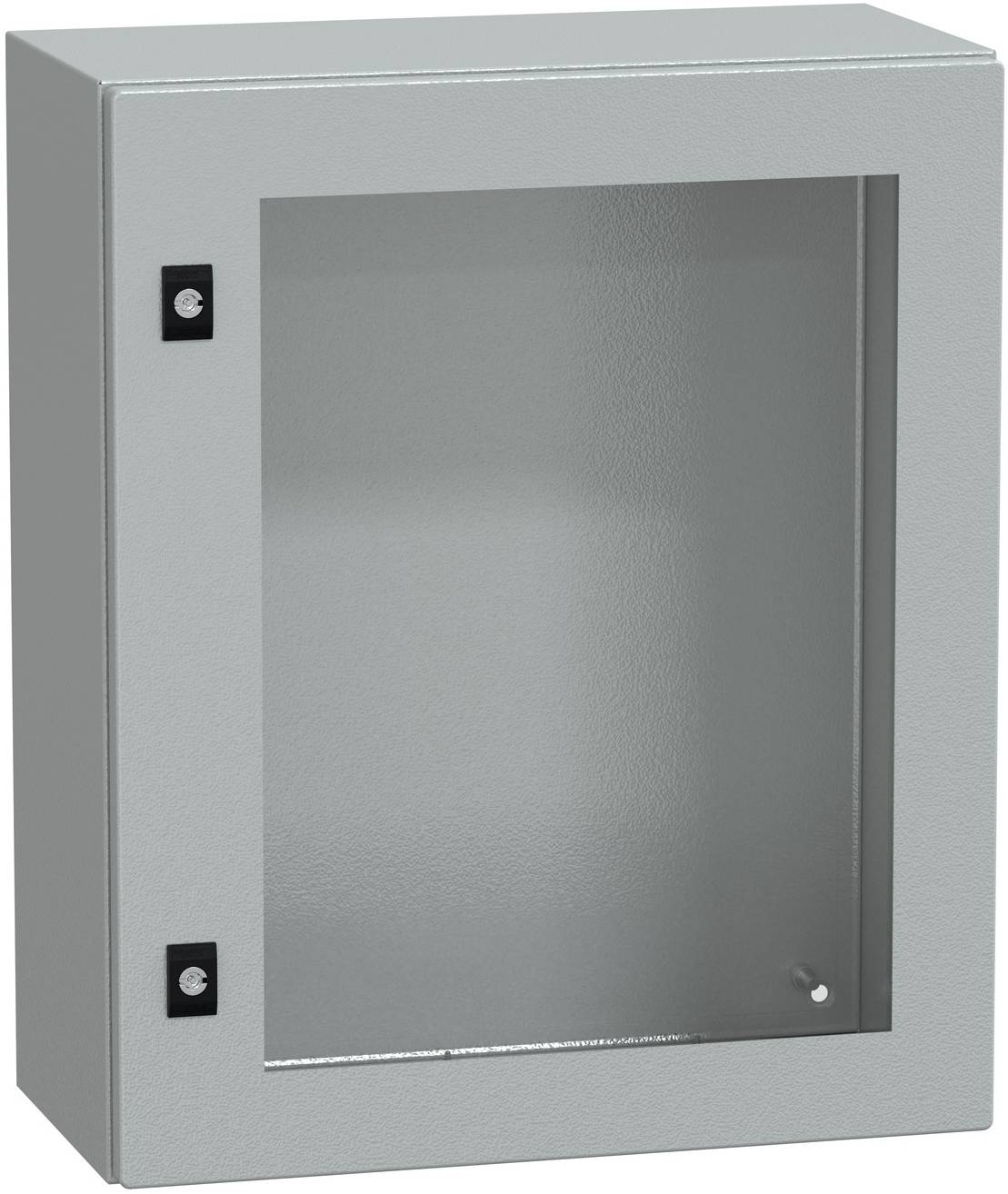 Grauer Metallwandschrank mit Glastür, wahrscheinlich zur Lagerung oder Ausstellung.