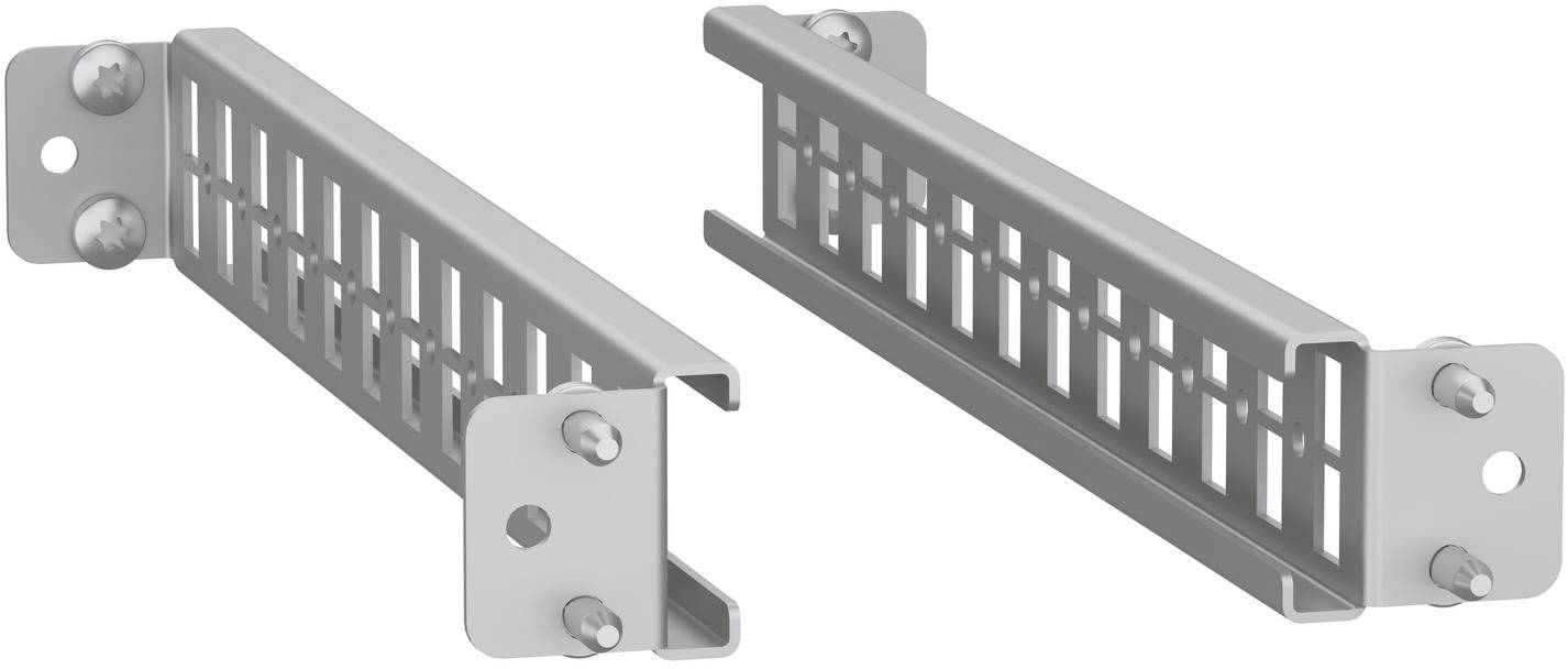 Zwei graue Metallklammern-Lüftungsgitter, die in verschiedenen Winkeln dargestellt sind, jedes mit perforierten Schlitzpaneelen und Montageplaten mit Bolzen.