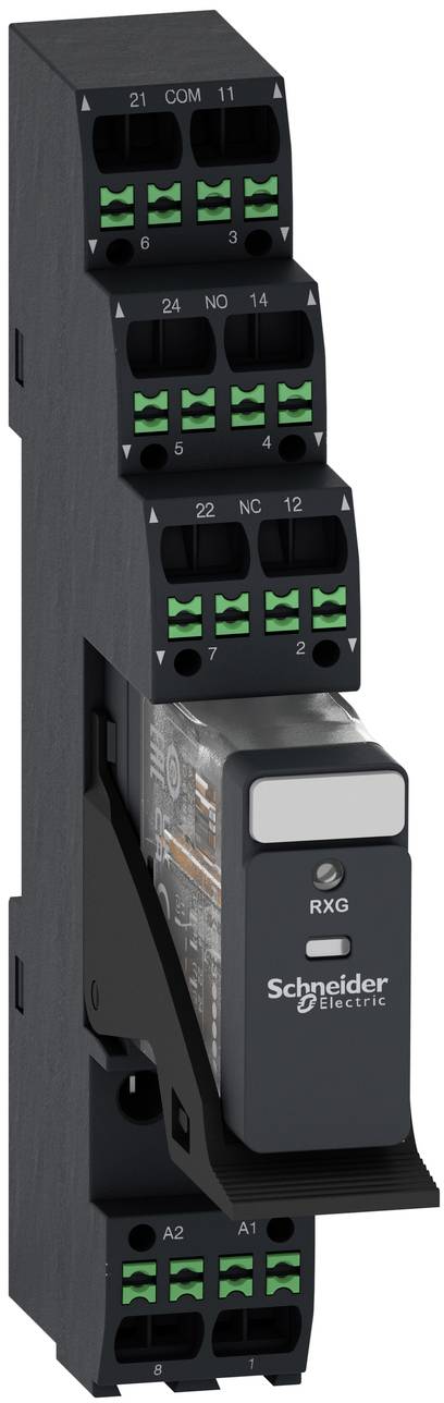 Schneider Electric RXG Steckrelais-Modul mit drei übereinander angeordneten schwarzen Relaisblöcken und grünen Anschllussklemmen.