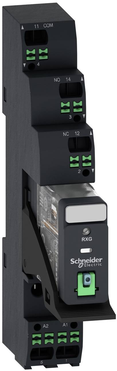 Foto eines Schneider Electric RXG-Relaismoduls mit Sockel und gekennzeichneten Anschlüssen, gezeigt in schwarzem Kunststoffgehäuse mit grünen Verbindungsclips.