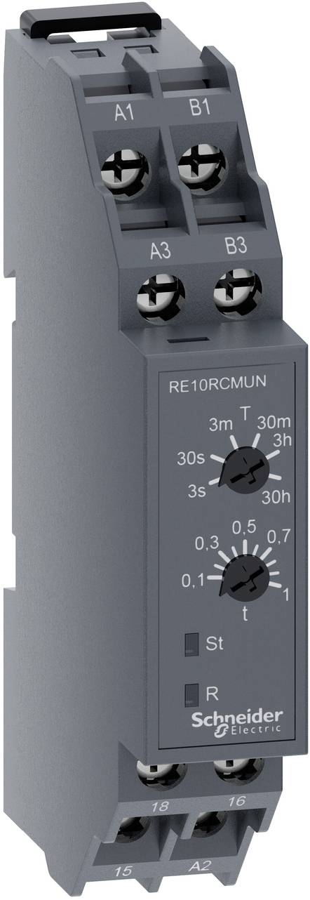 Schneider Electric RE10RCMUN Zeitrelaismodul mit vier Anschlüssen und zwei Einstelldrehreglern für Zeiteinstellungen.