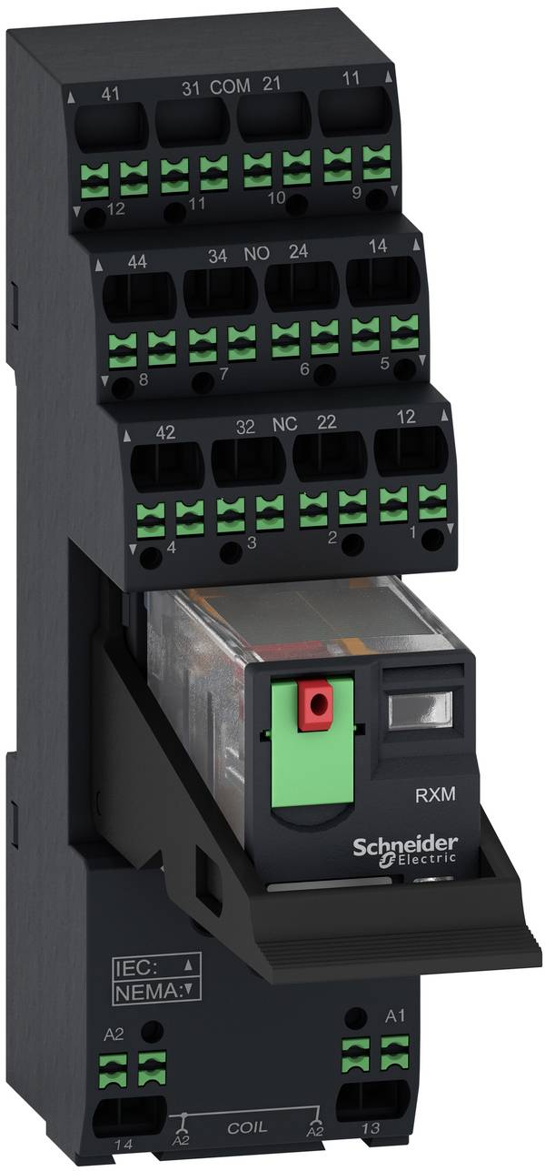 Ein Schneider Electric RXM Steckrelais-Modul mit mehreren Anschlussblöcken und einer vorderen Entriegelungs-/Anzeigelasche.