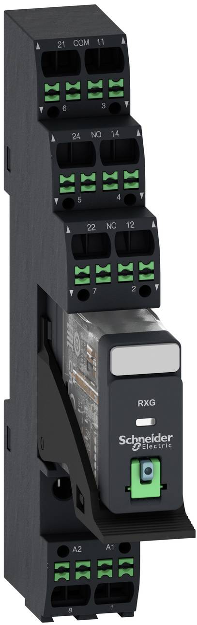 Schneider Electric RXG-Steckerrelaismodul mit grünen Anschllussklemmen und gekennzeichneten Verbindungspunkten.