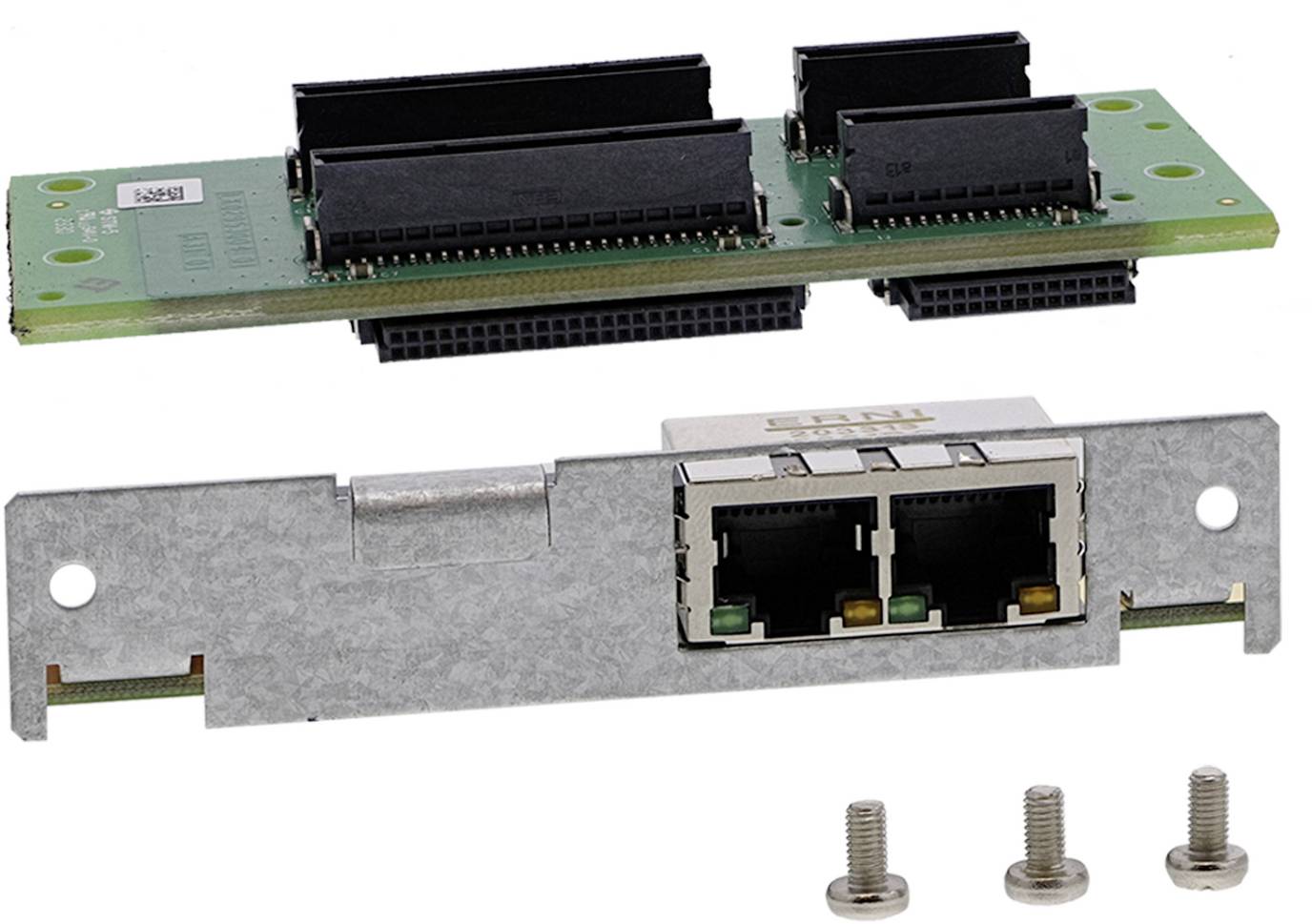 Computererweiterungskarte mit zwei schwarzen Steckverbindern, einer Metallportblende mit drei Netzwerkbuchsen und drei Befestigungsschrauben.