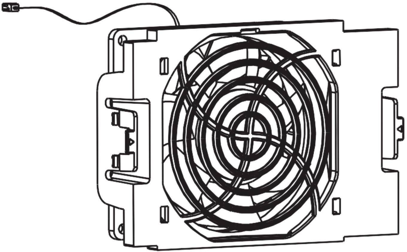 Schwarz-Weiß-Strichzeichnung eines Kühlventilators oder einer Lüftungsanlage, die in einem rechteckigen Gehäuse montiert ist, mit einem angeschlossenen Stromkabel.